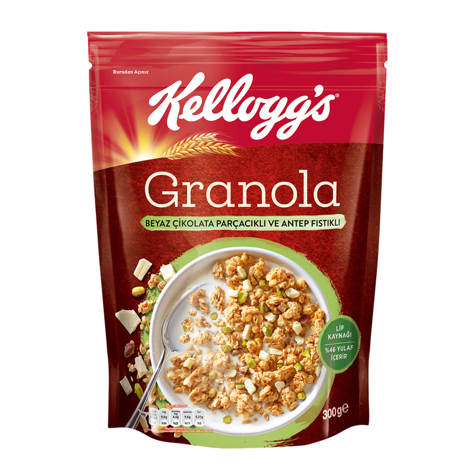 KELLOGGS GRANOLA BEYAZ ÇİKOLATA PARÇACIKLI VE ANTEP FISTIKLI YULAF 300 GR