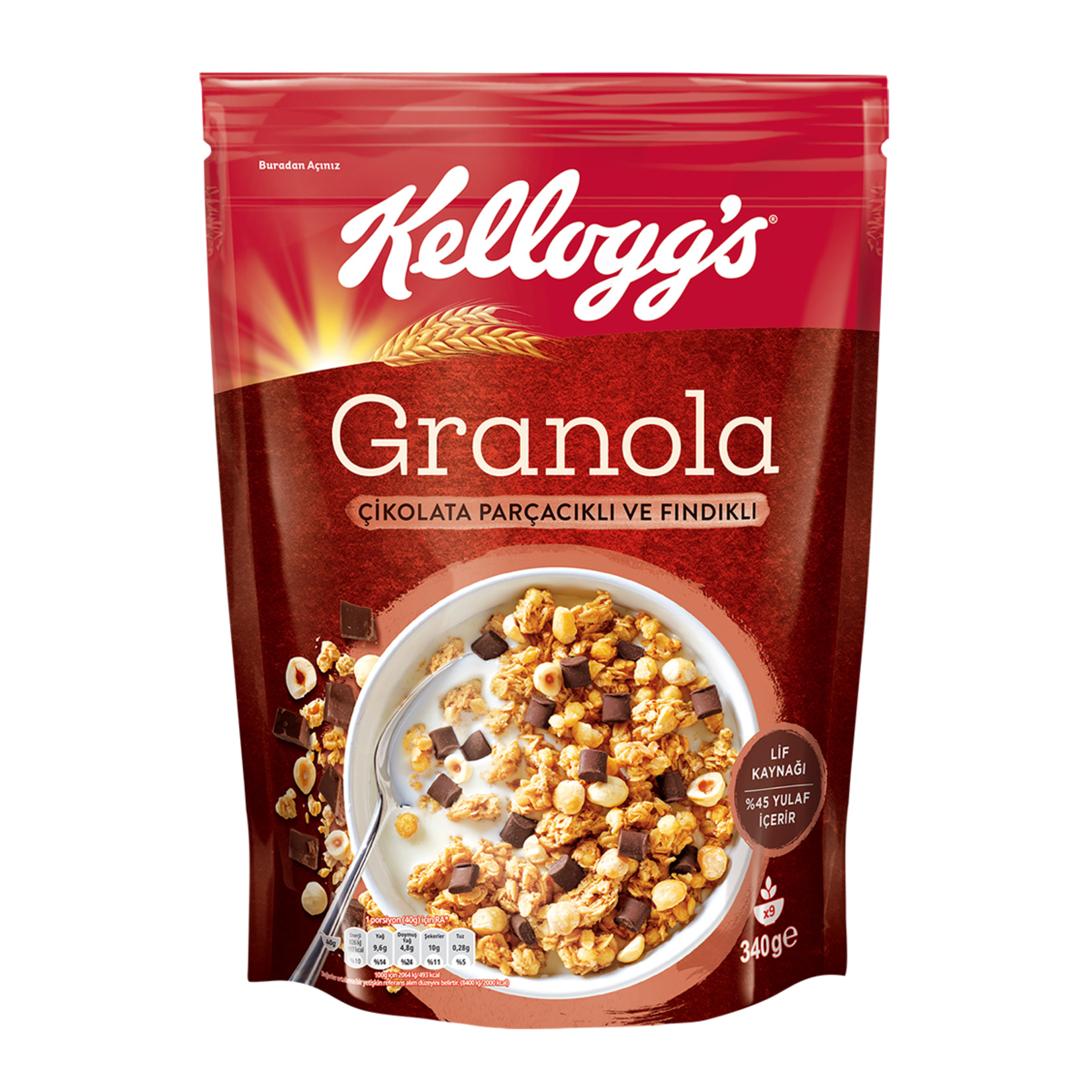 KELLOGGS GRANOLA ÇİKOLATA PARÇACIKLI VE FINDIKLI YULAF 340 GR