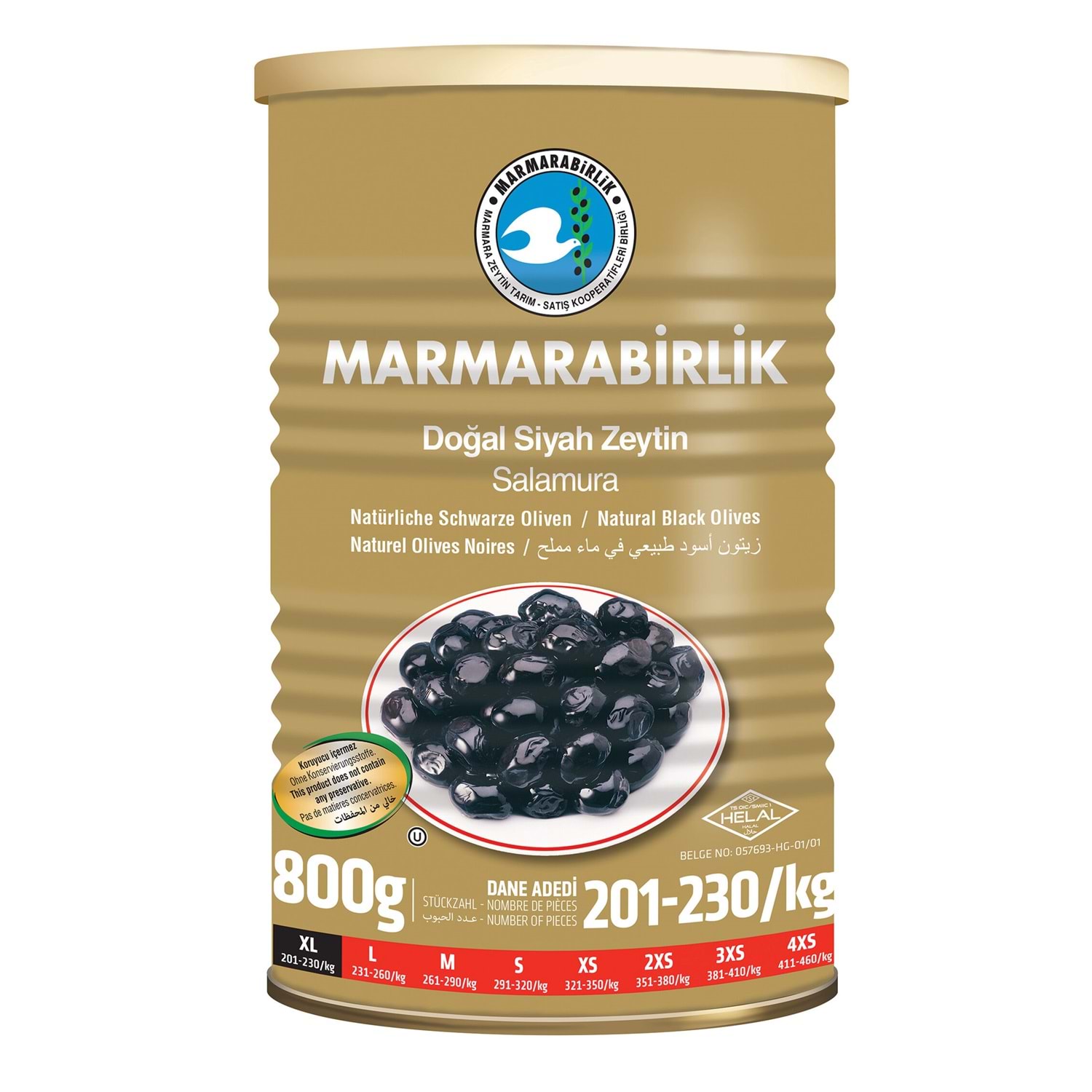 MARMARABİRLİK XL 201-230 ADET SİYAH ZEYTİN 800 GR